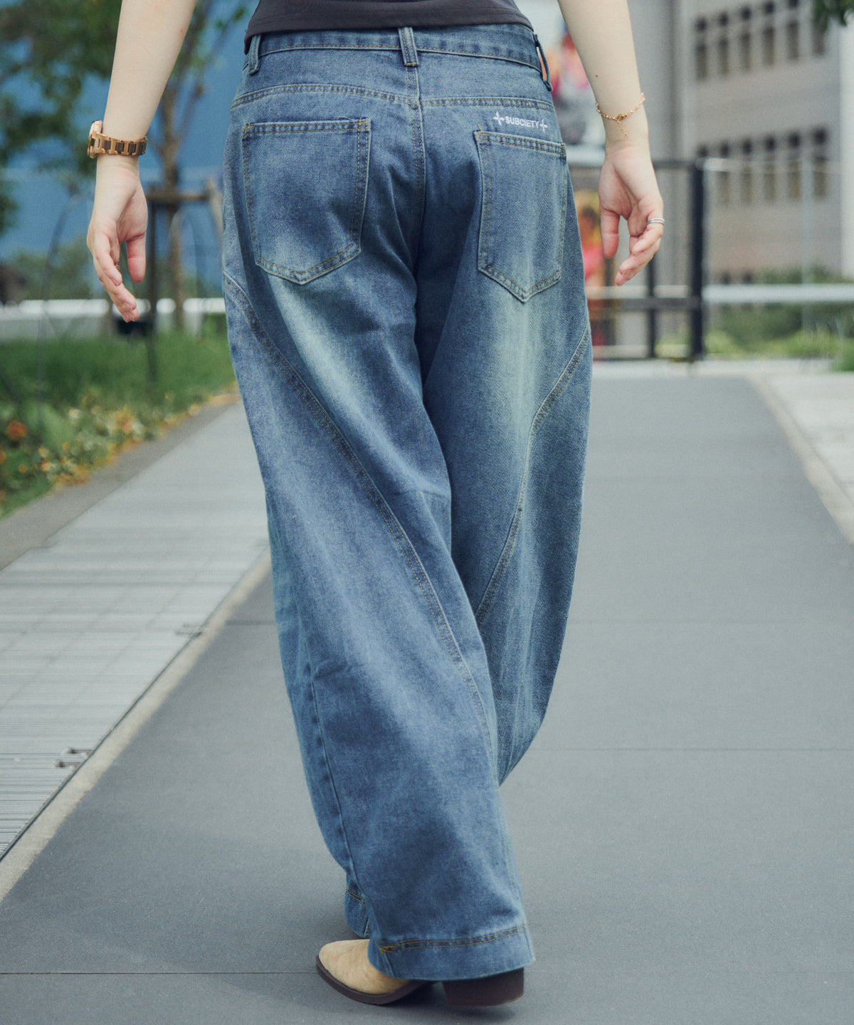 Curve seam wide denim pants-thumbmail-6
