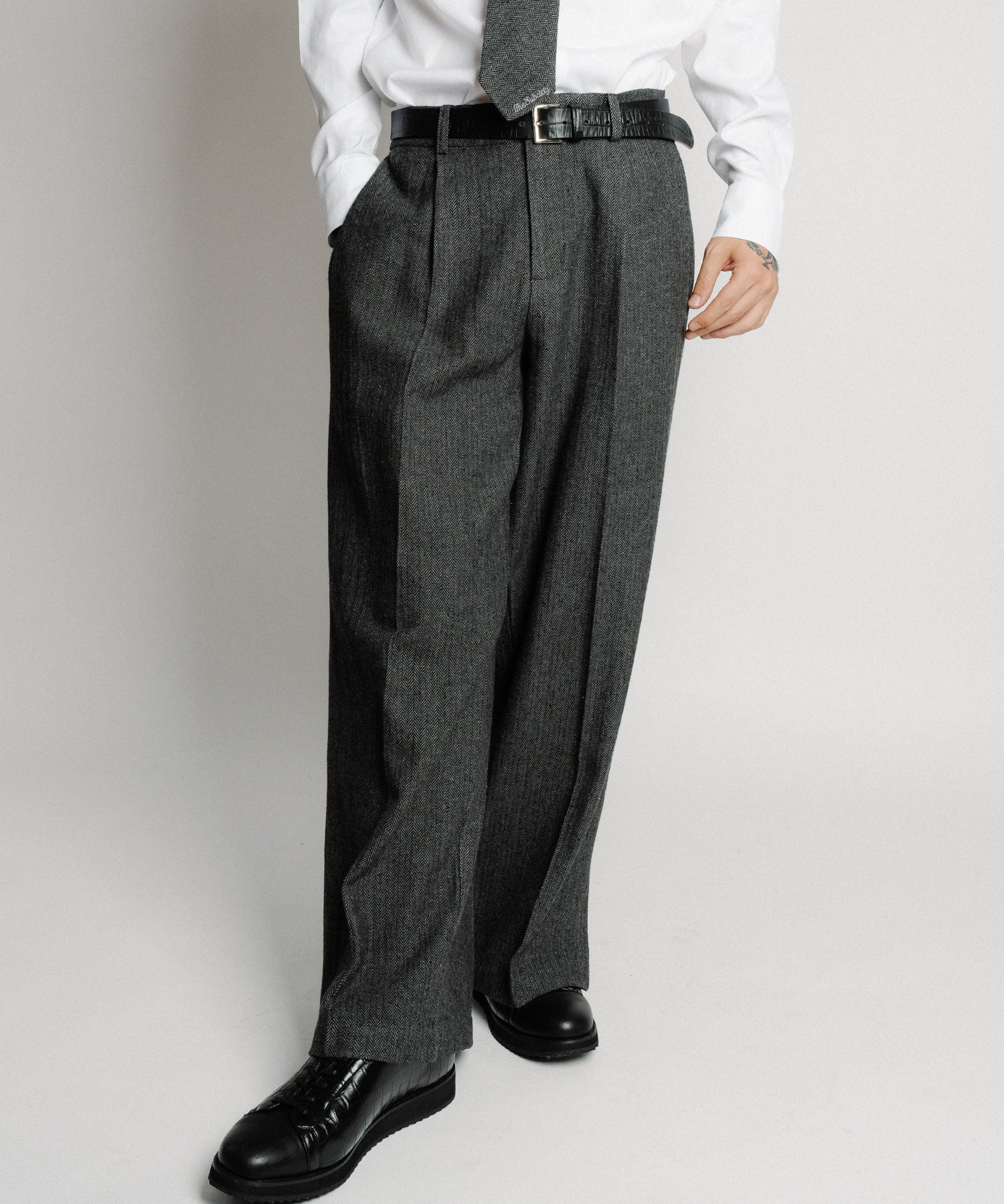 Herringbone side zip wide slacks-thumbmail-30